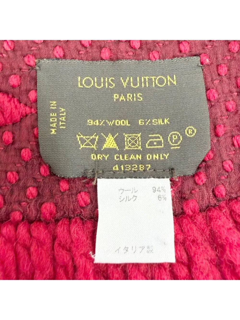 Louis Vuitton Echarpe Logo Mania Wool Silk Ruby Monogram Fringe Scarf
